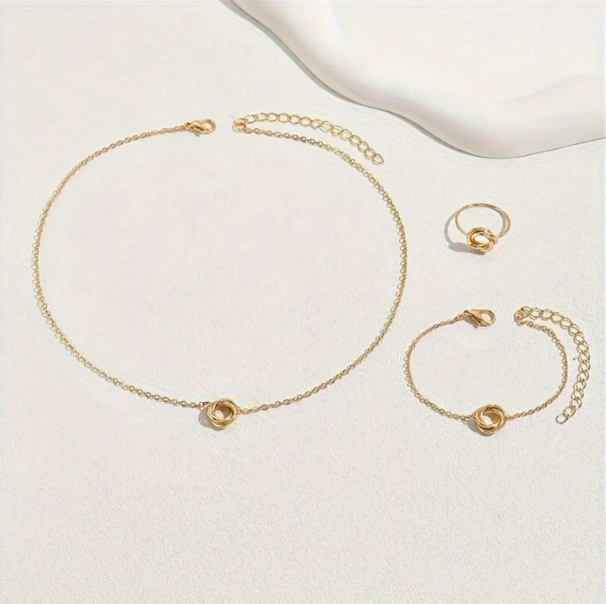 Minimalist Ring 21K Gold Jewelry Set: Necklace, Bracelet & Ring