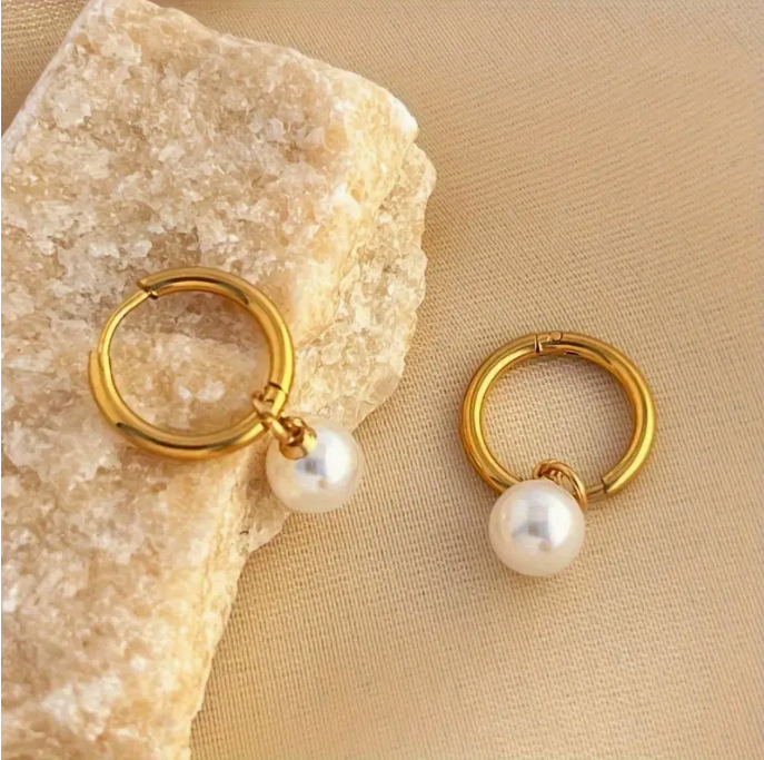 1 Pair White Pearl Bead Drop 21K Gold Earrings