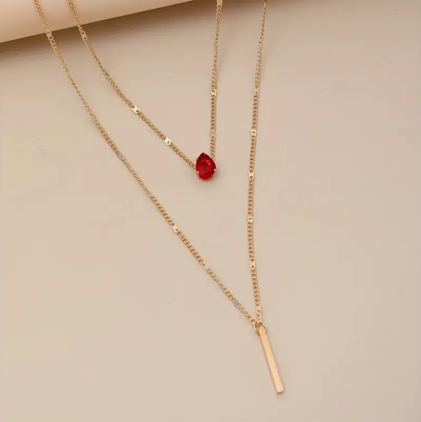 Personality Red Zircon Double Layer Stacking Rod 21K Gold Pendant Necklace