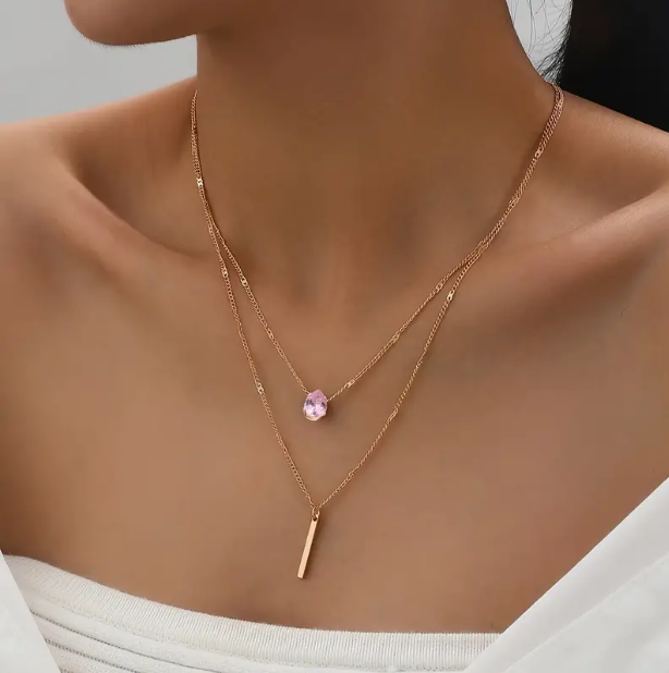Personality Red Zircon Double Layer Stacking Rod 21K Gold Pendant Necklace