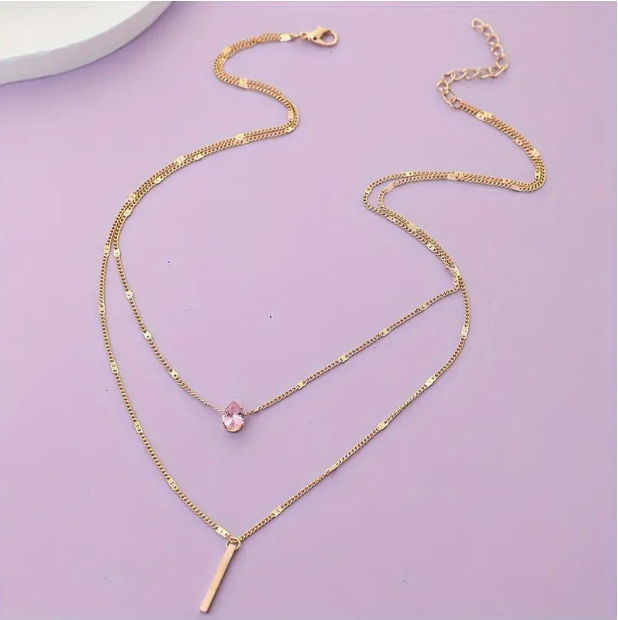Personality Red Zircon Double Layer Stacking Rod 21K Gold Pendant Necklace