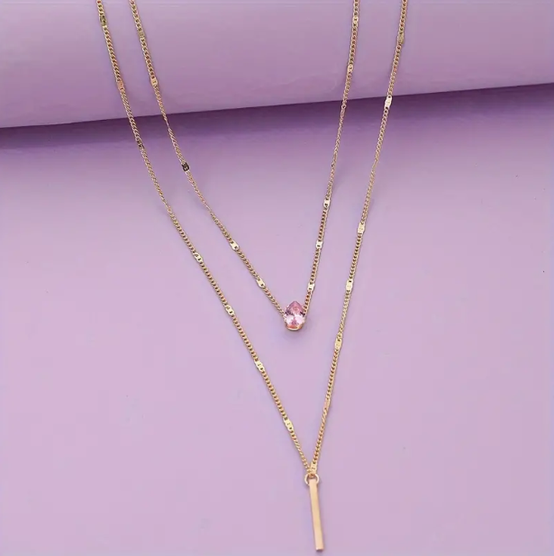 Personality Red Zircon Double Layer Stacking Rod 21K Gold Pendant Necklace