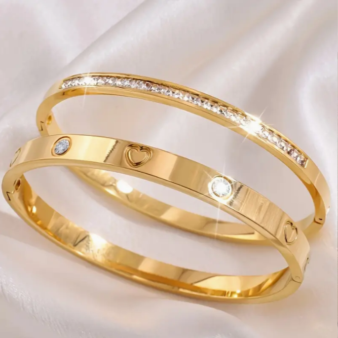 2-Piece Single Row Gemstones 21K Gold Bracelet