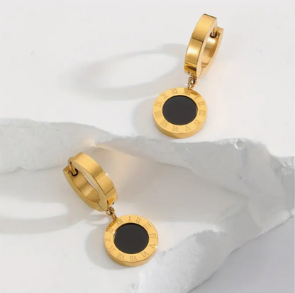 Roman Numeral Circle Dangle 21K Gold Earrings