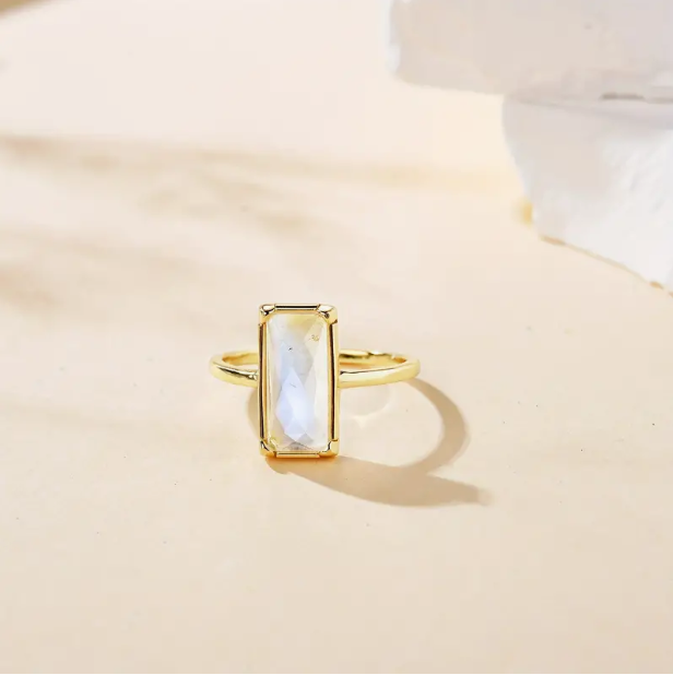 White Rectangular Emerald Stone 21K Gold Ring