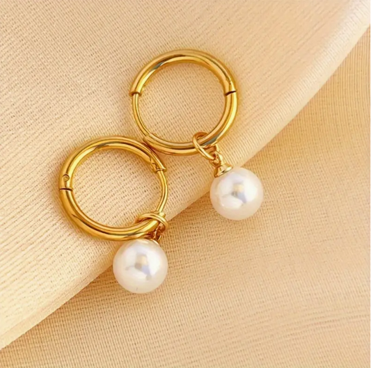 1 Pair White Pearl Bead Drop 21K Gold Earrings