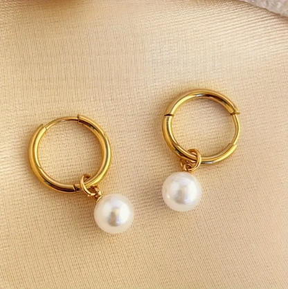 1 Pair White Pearl Bead Drop 21K Gold Earrings
