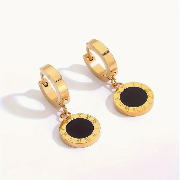 Roman Numeral Circle Dangle 21K Gold Earrings