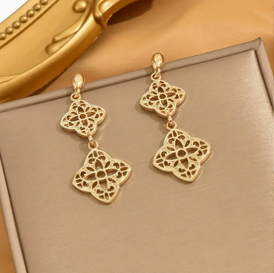 Dangle Golden Hollow Flower 21K Gold Earrings