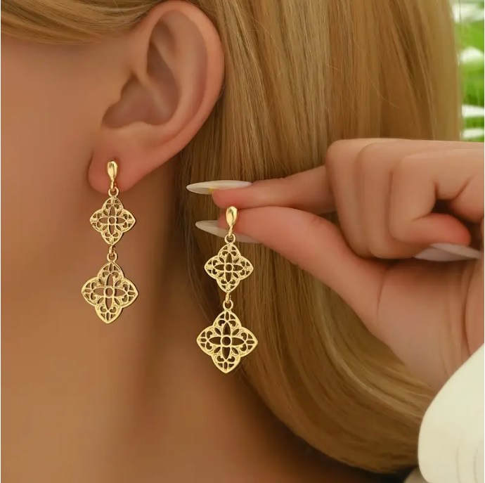 Dangle Golden Hollow Flower 21K Gold Earrings