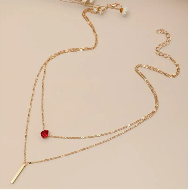 Personality Red Zircon Double Layer Stacking Rod 21K Gold Pendant Necklace