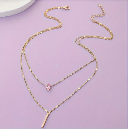 Personality Red Zircon Double Layer Stacking Rod 21K Gold Pendant Necklace