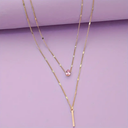 Personality Red Zircon Double Layer Stacking Rod 21K Gold Pendant Necklace