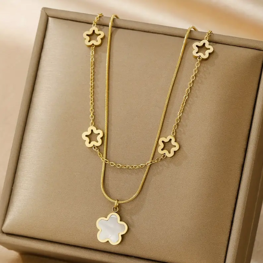 Shell Flowers Double Stacked 21K Gold Pendant Necklace