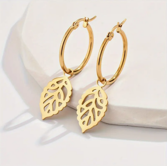 Hollow Leaf 21K Gold Pendant Hoop Earrings