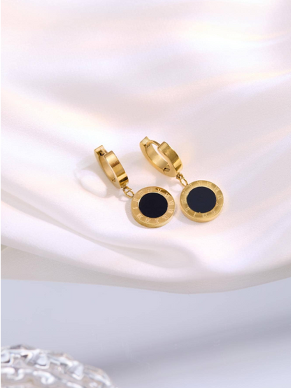 Roman Numeral Circle Dangle 21K Gold Earrings