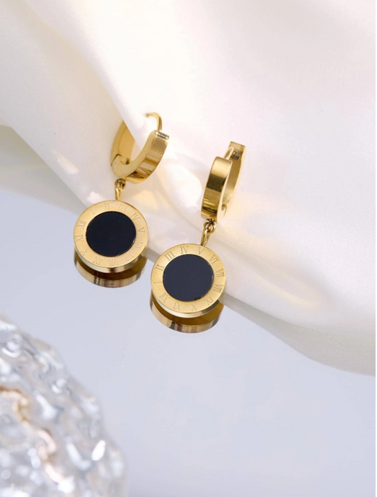 Roman Numeral Circle Dangle 21K Gold Earrings
